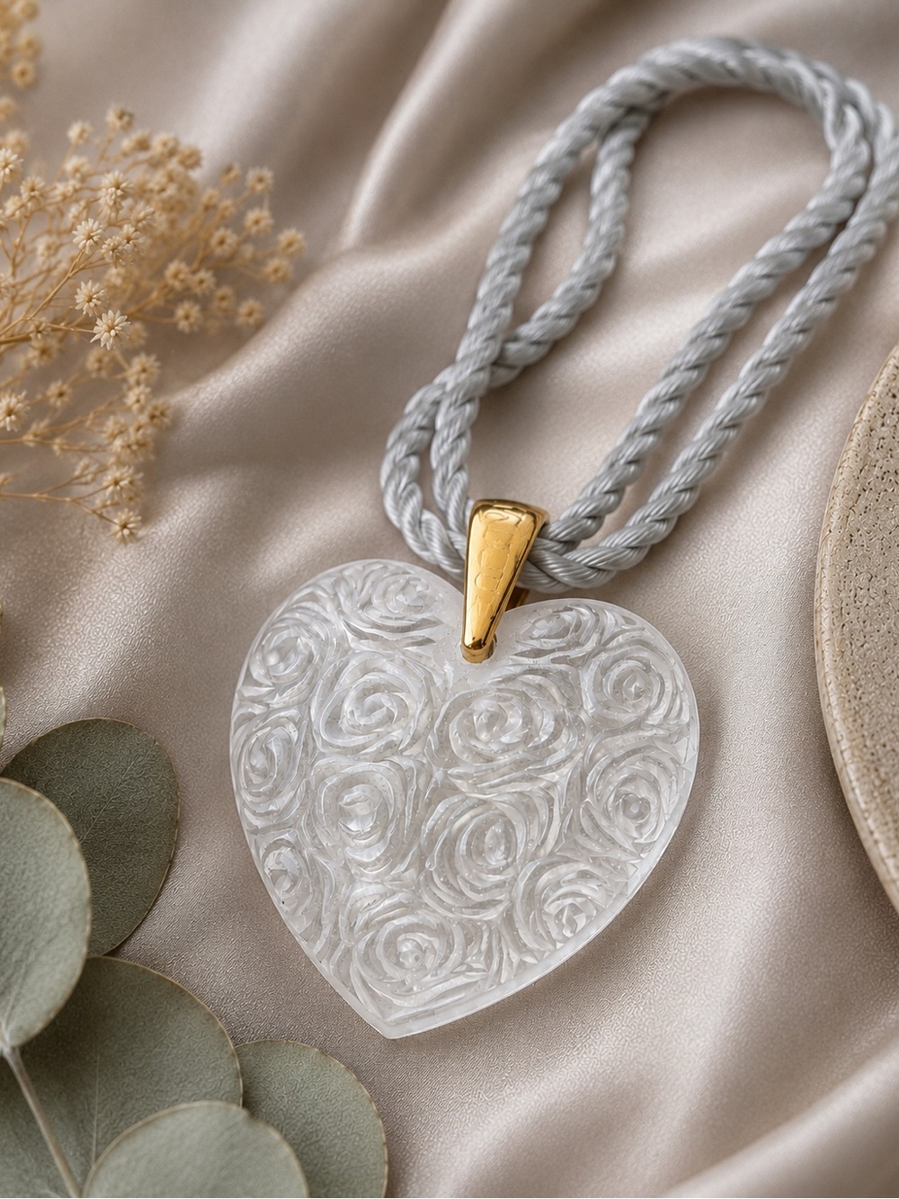 Lalique Clear Carved Heart Pendant Necklace with Gold Bail